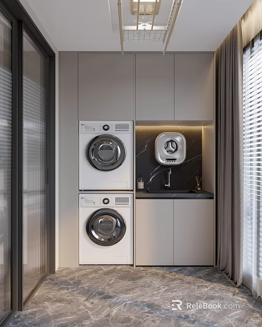 Modern Home Balcony With Stacked Washing Machine Dryer Countertop Sink And Black Marble Backsplash 3d model 