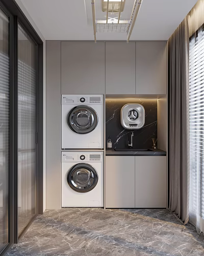 Modern Home Balcony With Stacked Washing Machine Dryer Countertop Sink And Black Marble Backsplash 3d model