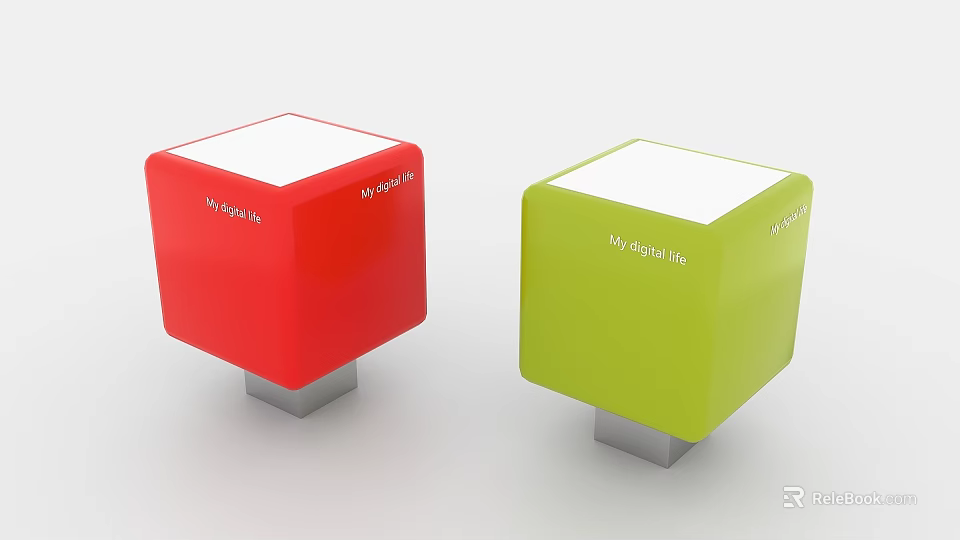 Two Colored Cubes With MySigns Text Red Green White Tops And Silver Bases 3d model 