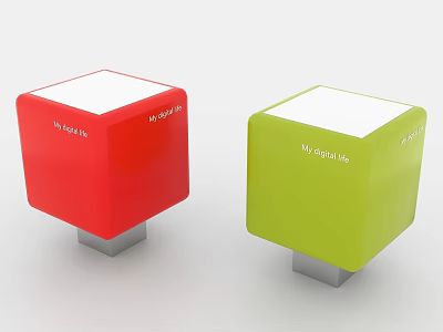 Two Colored Cubes With MySigns Text Red Green White Tops And Silver Bases 3d model