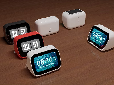 Smart Clocks In Various Colors With Digital Time Display And Temperature On Wooden Tabletop 3d model