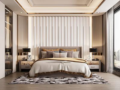 Elegant Modern Bedroom With Vertical Paneled Headboard Nightstands Table Lamps And Geometric Rug 3d model