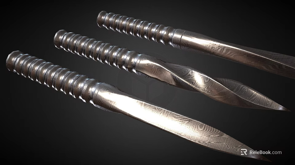Three Shiny Metallic Daggers With Twisted Handles And Engraved Blades 3d model 