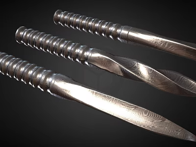 Three Shiny Metallic Daggers With Twisted Handles And Engraved Blades 3d model