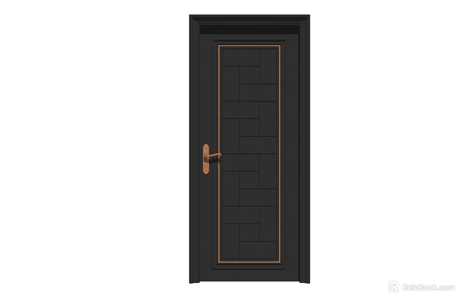 Modern Black Front Door With Golden Handle And Grid Pattern Design 3d model 