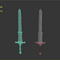 Two Long Swords with Metal Blades Red and Gold Decorative Hilts on Black Background