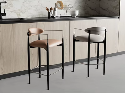 Modern Kitchen Bar Stools With Pink Gray Upholstered Seats And Black Metal Frames 3d model