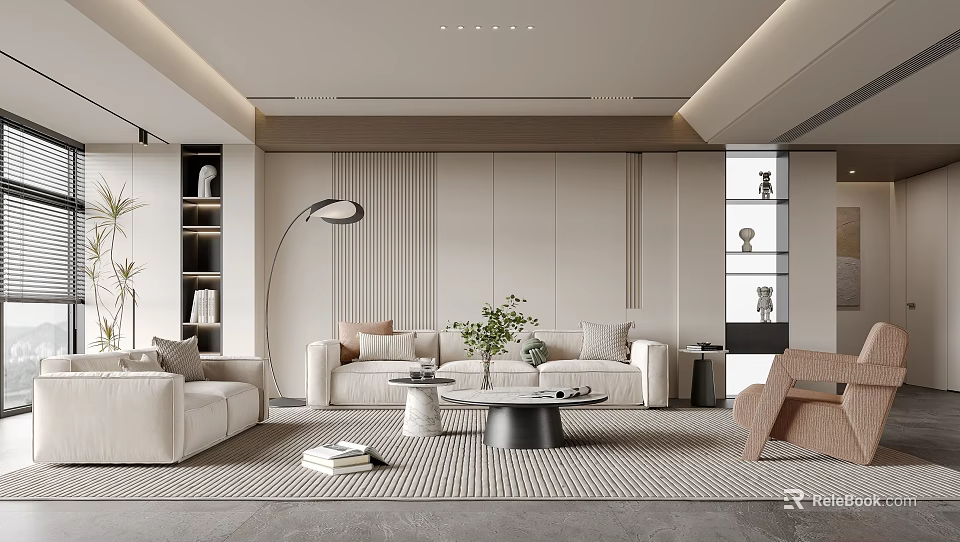 Modern Living Room Interior Design With Beige Sofa Coffee Table Floor Lamp Bookshelves And Plants 3d model 