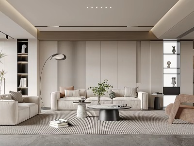 Modern Living Room Interior Design With Beige Sofa Coffee Table Floor Lamp Bookshelves And Plants 3d model