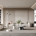 Modern Living Room Interior Design With Beige Sofa Coffee Table Floor Lamp Bookshelves And Plants