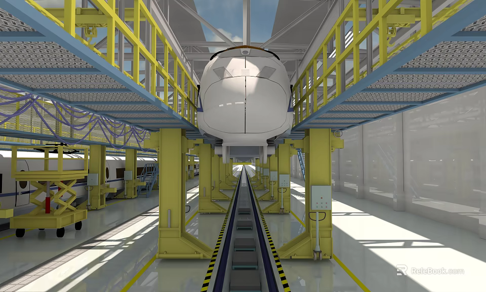 Industrial Manufacturing Facility Featuring Yellow Metal Structures Overhead Track And Large White Equipment 3d model 