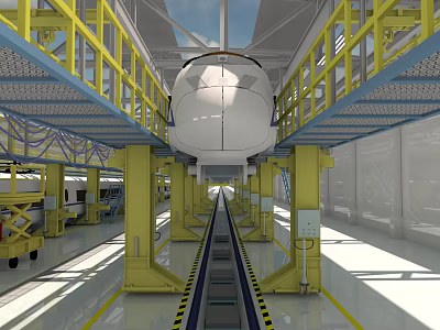 Industrial Manufacturing Facility Featuring Yellow Metal Structures Overhead Track And Large White Equipment 3d model