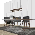 Rectangular Wooden Dining Table Set with Three Grey Chairs Pendant Lights and Landscape Painting 3d model