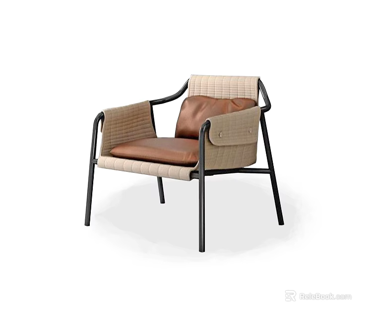 Modern Minimalist Leisure Chair With Woven Backrest Leather Seat And Black Metal Frame 3d model 