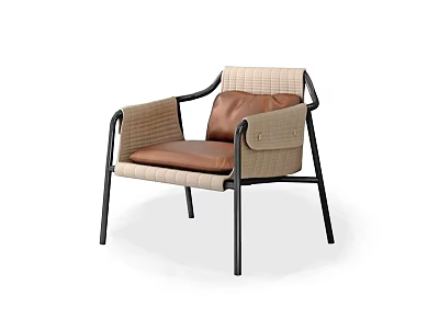 Modern Minimalist Leisure Chair With Woven Backrest Leather Seat And Black Metal Frame 3d model