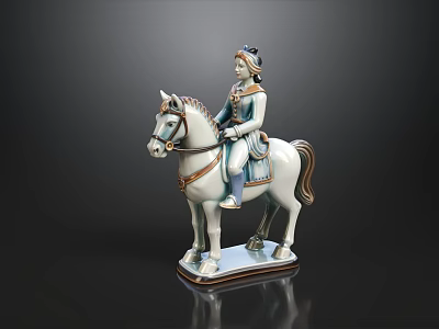 Ceramic Ware Decorative Statue of Rider on White Horse with Blue Attire and Base 3d model