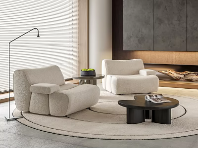 Modern White Single Sofa Living Room With Round Coffee Table Floor Lamp And Fireplace Rug 3d model