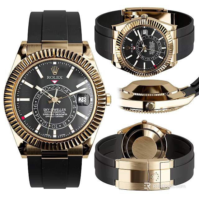 Rolex Sky Dweller Watch With Gold Case Black Dial And Rubber Strap 3d model 