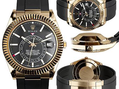 Rolex Sky Dweller Watch With Gold Case Black Dial And Rubber Strap 3d model