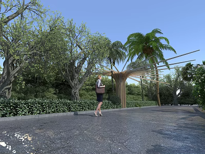 Road Facilities Featuring Paved Road Surrounded By Trees And Wooden Shelter For Pedestrians 3d model