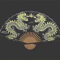 Decorative Fan Pendant With Black Background And Yellow Gray Dragon Patterns And Orange Ribs