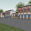 Traditional Commercial Street With Classic Architecture Green Trees And Road View