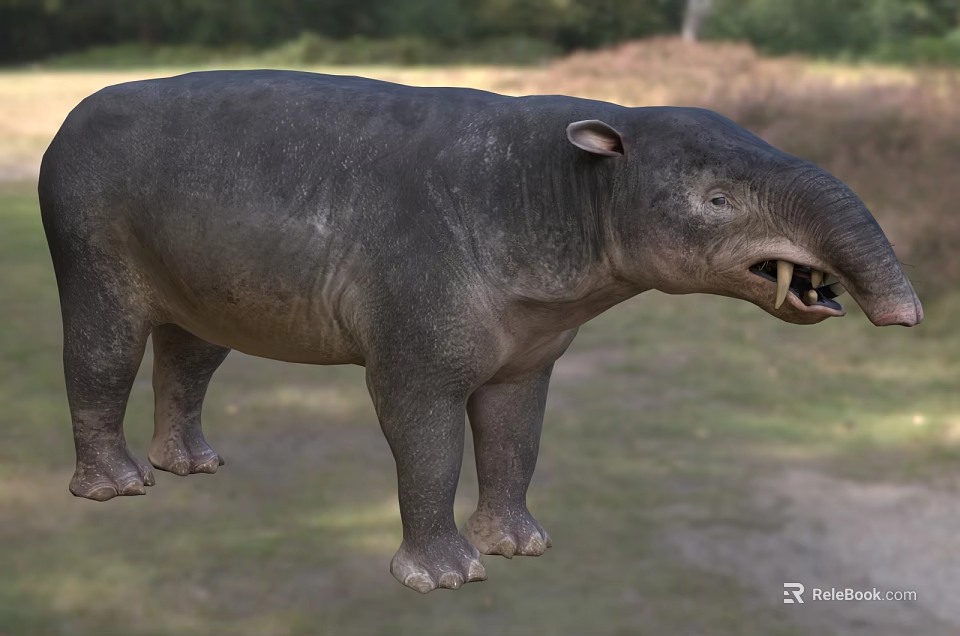 Large Prehistoric Reptile With Long Snout And Sharp Teeth On Grass And Dirt Near Trees 3d model 