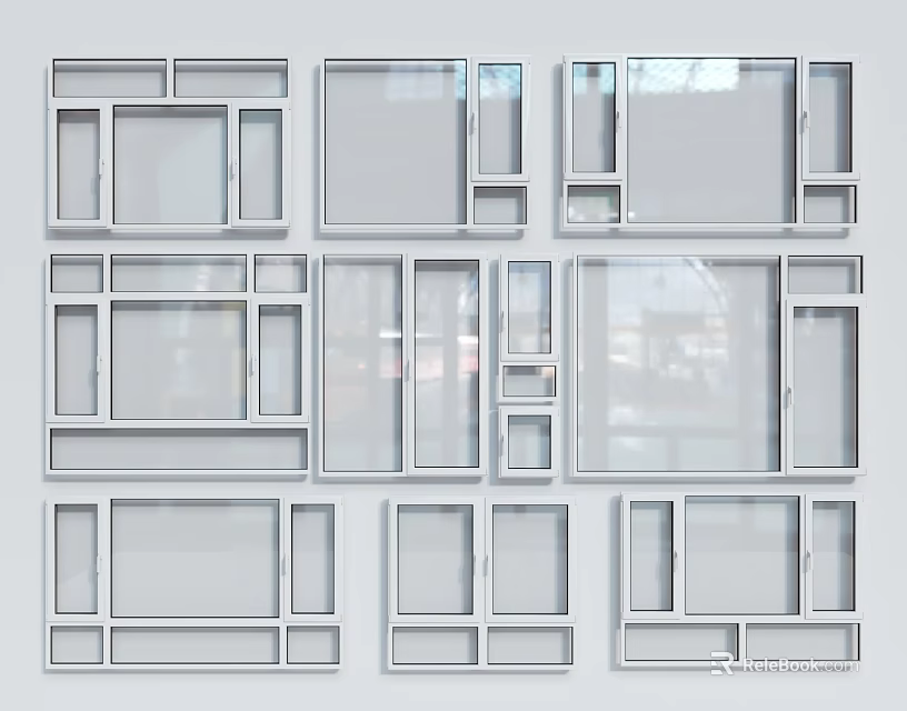 Various Window Frame Styles Arranged Neatly for Home Display Design 3d model
