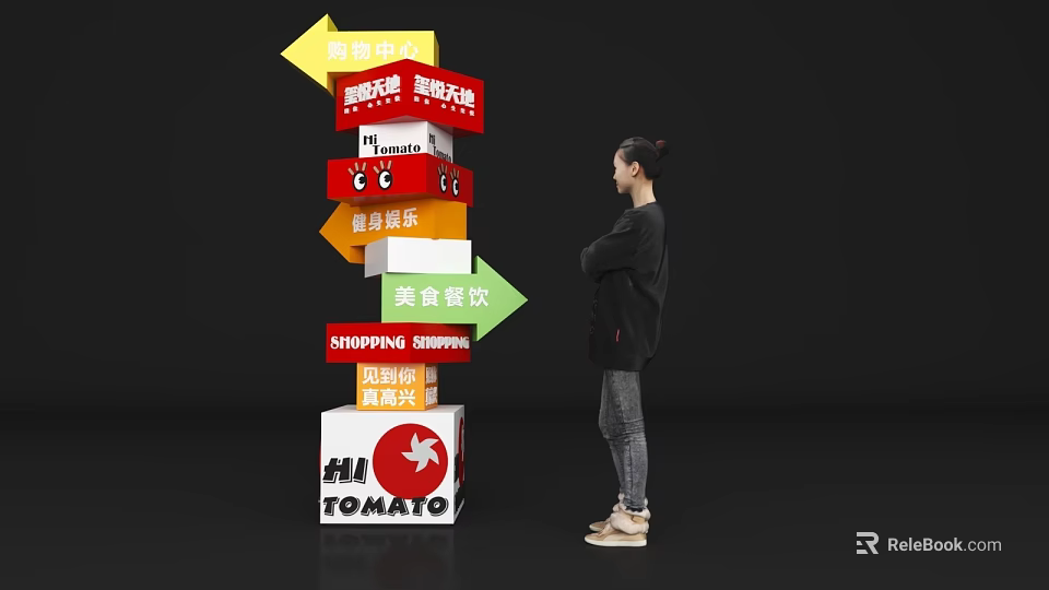 Modern Wayfinding Signage with Directional Arrows Food Zone Shopping Area and Person Viewing 3d model 