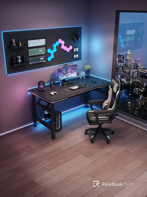 Black Gaming Desk and Chair Set With Blue Ambient Lights City Night View 3d model 