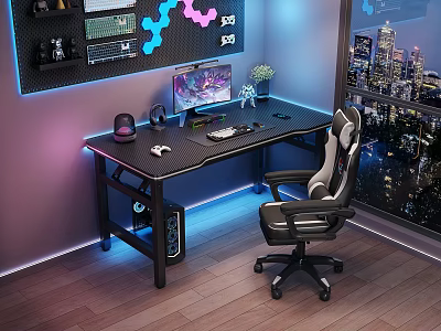Black Gaming Desk and Chair Set With Blue Ambient Lights City Night View 3d model