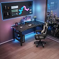 Black Gaming Desk and Chair Set With Blue Ambient Lights City Night View