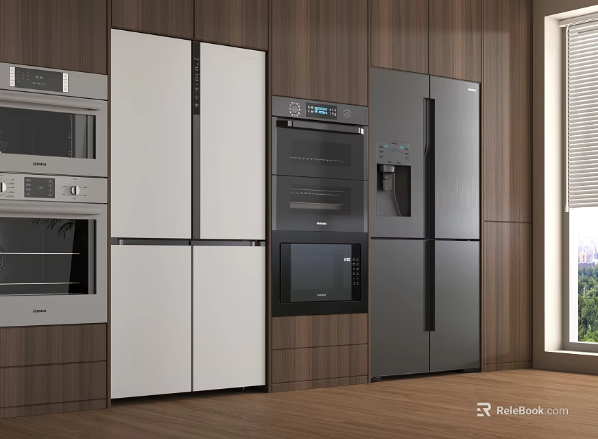 Modern Kitchen With Wooden Walls Showcasing White And Silver Refrigerators And Freezers 3d model 