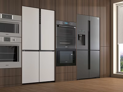 Modern Kitchen With Wooden Walls Showcasing White And Silver Refrigerators And Freezers 3d model