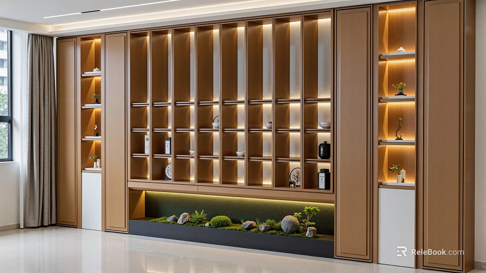 Modern Wooden Decorative Cabinet With Illuminated Shelves Decorations And Green Plants 3d model 