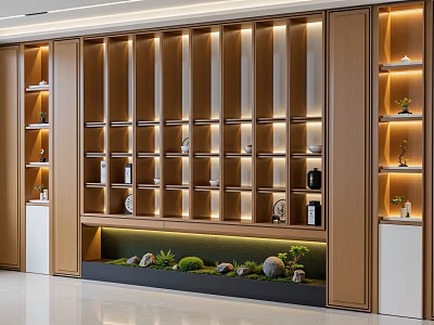 Modern Wooden Decorative Cabinet With Illuminated Shelves Decorations And Green Plants 3d model