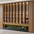 Modern Wooden Decorative Cabinet With Illuminated Shelves Decorations And Green Plants