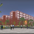 Red Brick Multi Story School Building With Trees Plaza And Students
