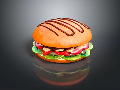 Delicious Sweet Dessert Sandwich Topped With Chocolate Drizzle And Fresh Fruit Slices 3d model