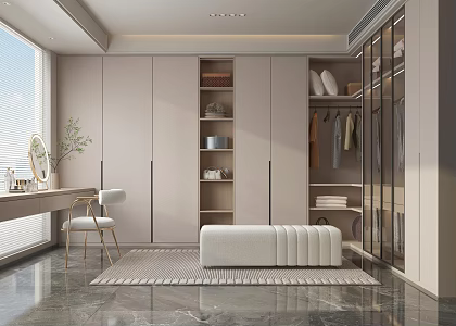 Modern Cloakroom Cream Cloakroom Wardrobe Dressing Table and Chair Carpet Green Plant Shoe Changing Stool Tote 3d model