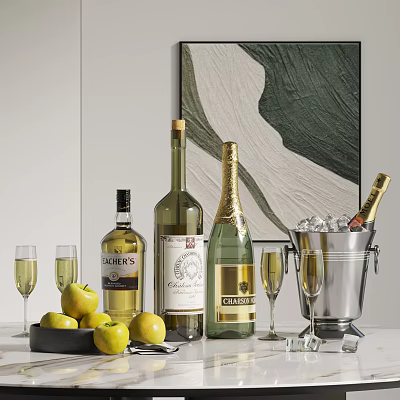 Elegant Wine Bottles and Glasses with Fruits and Ice Bucket 3d model