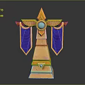 Ornate Stone Pillar With Golden Accents Blue Gem And Purple Banners