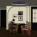 Modern Restaurant Interior Featuring Circular Pendant Light Wall Paintings And Wooden Floor