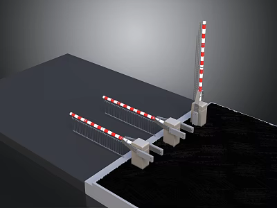 Red And White Striped Boom Gates With Metal Bases Installed On Flat Ground 3d model