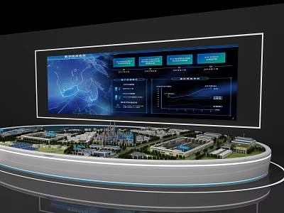 Commercial Display Equipment With Large Electronic Screen Blue Charts Data And Miniature Building Complex Model 3d model