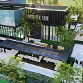 Modern Feature Wall in Landscape Design with Green Roofs Trees and Walkways