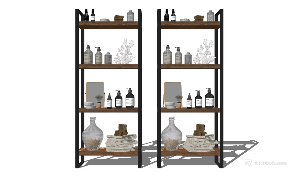 Bathroom Cabinet Shelves Multi Tier Wood And Metal With Toiletries Towels And Decorative Items 3d model 