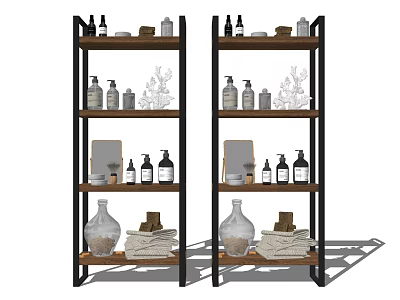 Bathroom Cabinet Shelves Multi Tier Wood And Metal With Toiletries Towels And Decorative Items 3d model