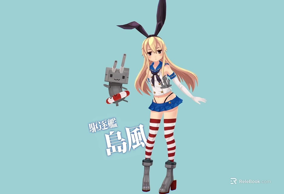 Anime Game Character Shimakaze Blonde Hair Bunny Ears Blue White Sailor Uniform Striped Stockings 3d model 