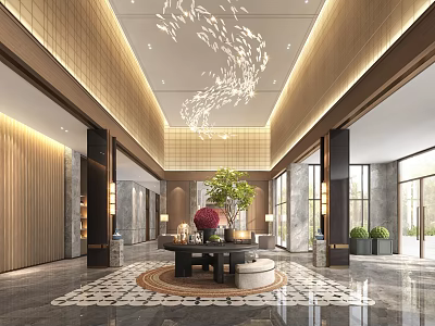 Elegant Hotel Lobby With Crystal Chandelier Reception Desk And Marble Floor 3d model